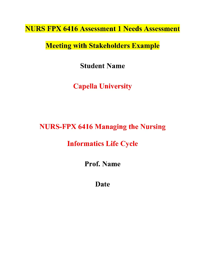 NURS FPX 6416 Assessment 1 Needs Assessment Meeting with Stakeholders