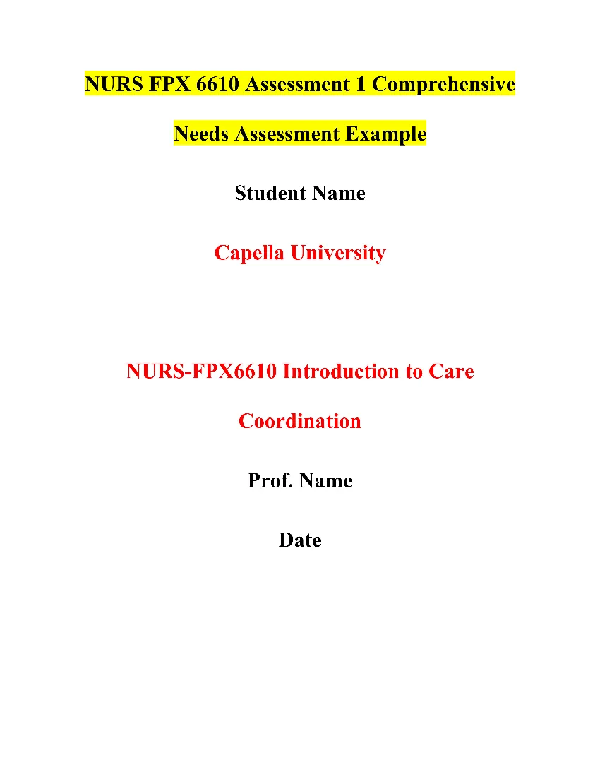 NURS FPX 6610 Assessment 1 Comprehensive Needs Assessment