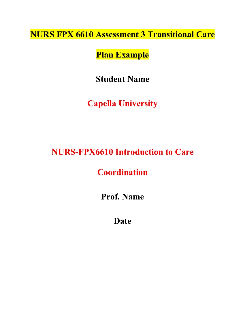 NURS FPX 6610 Assessment 3 Transitional Care Plan