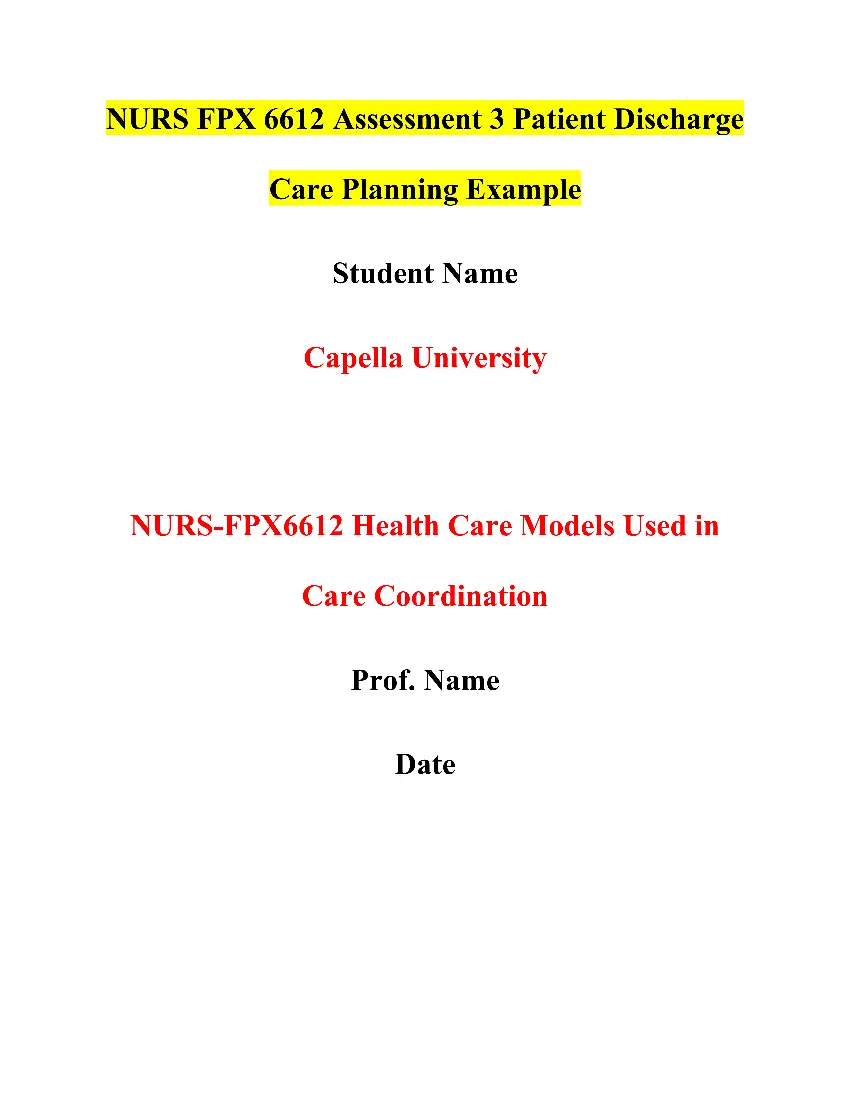 NURS FPX 6612 Assessment 3 Patient Discharge Care Planning