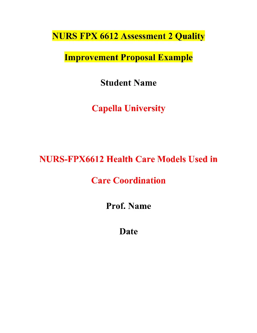 NURS FPX 6612 Assessment 2 Quality Improvement Proposal