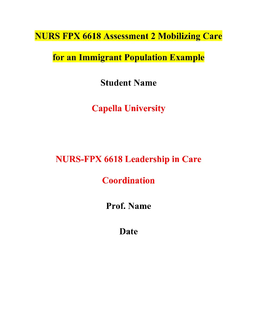NURS FPX 6618 Assessment 2 Mobilizing Care for an Immigrant Population