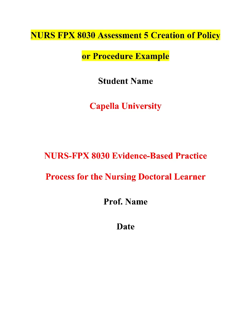 NURS FPX 8030 Assessment 5 Creation of Policy or Procedure