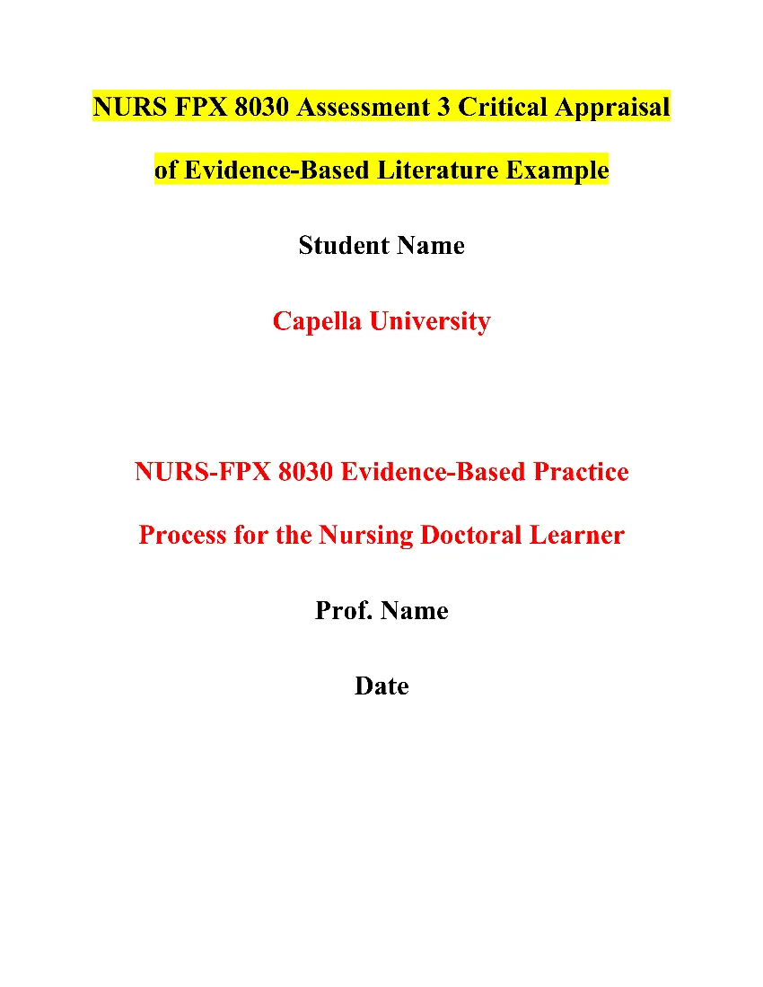 NURS FPX 8030 Assessment 3 Critical Appraisal of Evidence-Based Literature