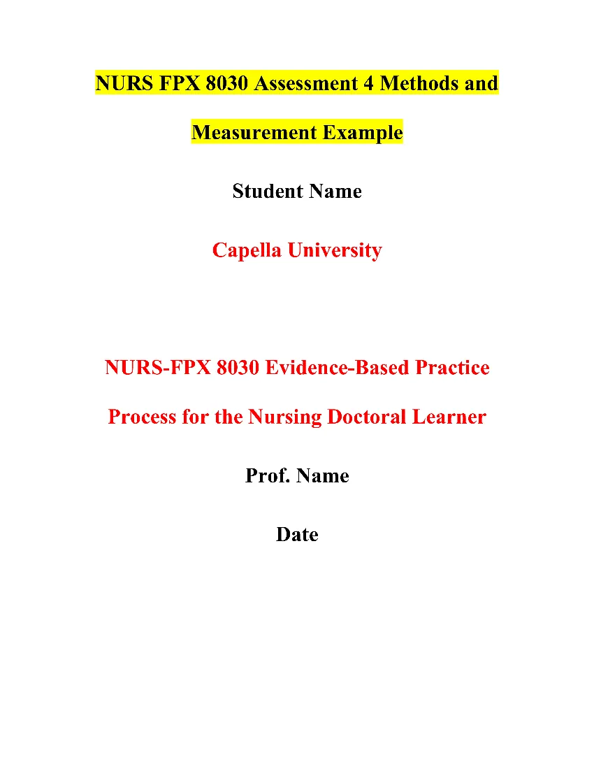 NURS FPX 8030 Assessment 4 Methods and Measurement