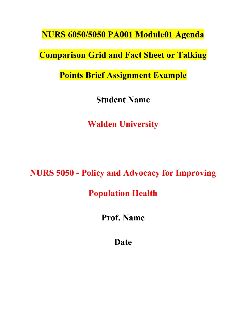 NURS 6050/5050 PA001 Module01 Agenda Comparison Grid and Fact Sheet or Talking Points Brief Assignment