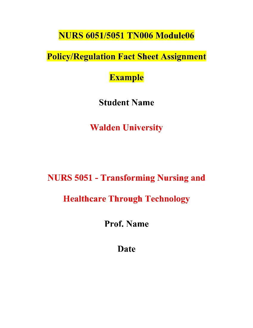 NURS 6051/5051 TN006 Module06 Policy/Regulation Fact Sheet Assignment