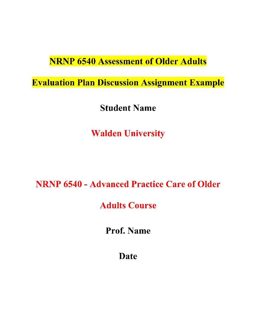 NRNP 6540 Assessment of Older Adults Evaluation Plan Discussion Assignment