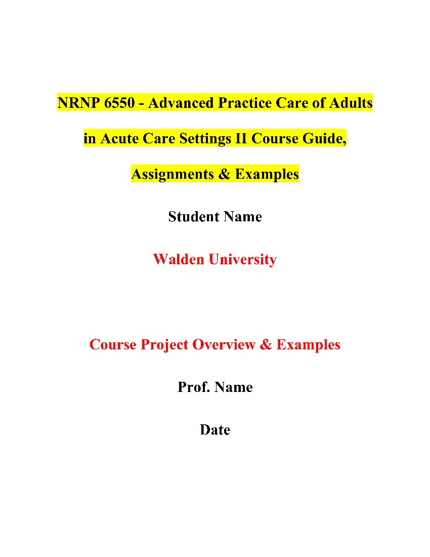 NRNP 6550 - Advanced Practice Care of Adults in Acute Care Settings II 