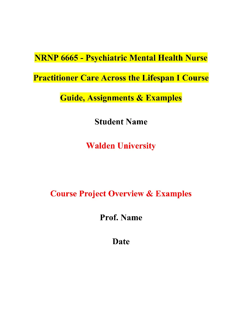 NRNP 6665 - Psychiatric Mental Health Nurse Practitioner Care Across the Lifespan I