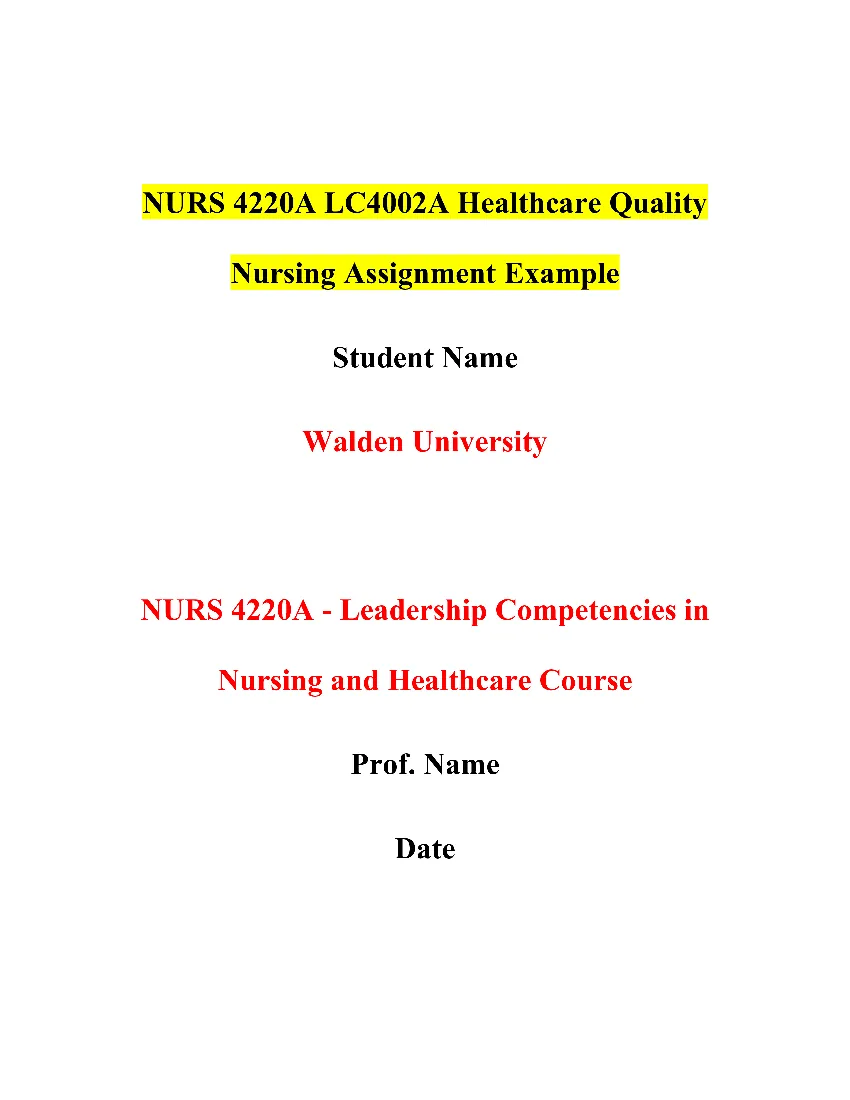 NURS 4220A LC4002A Healthcare Quality Nursing Assignment