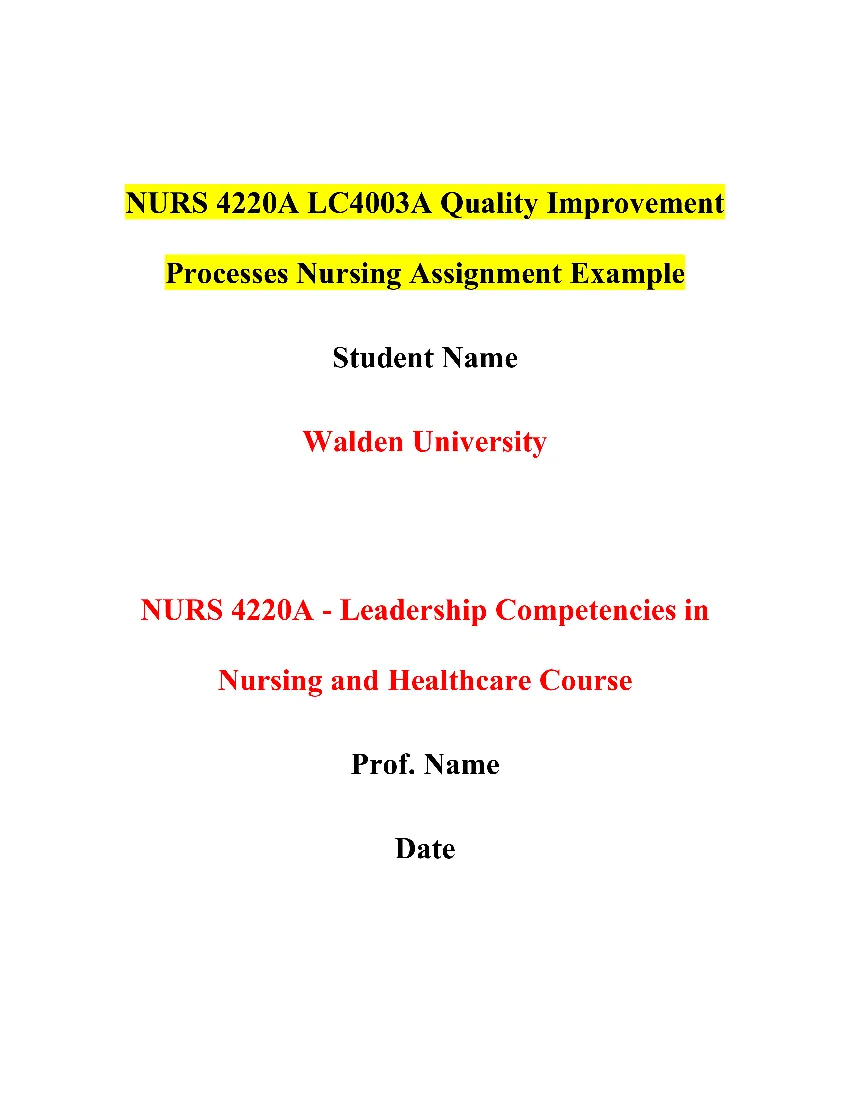 NURS 4220A LC4003A Quality Improvement Processes Nursing Assignment