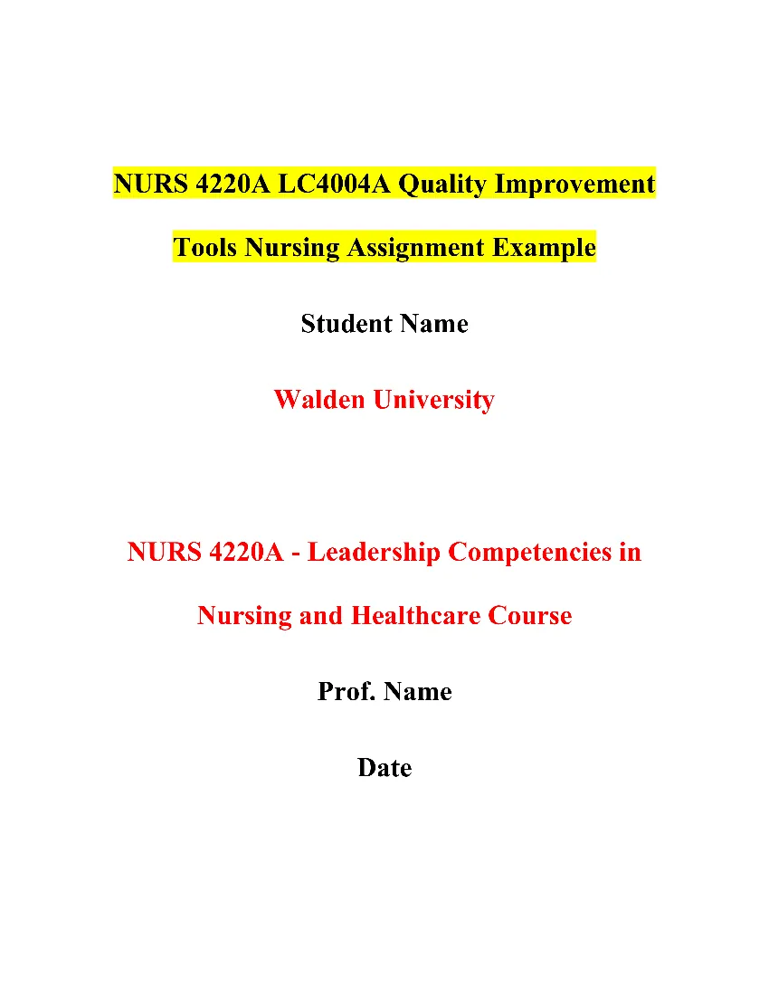 NURS 4220A LC4004A Quality Improvement Tools Nursing Assignment