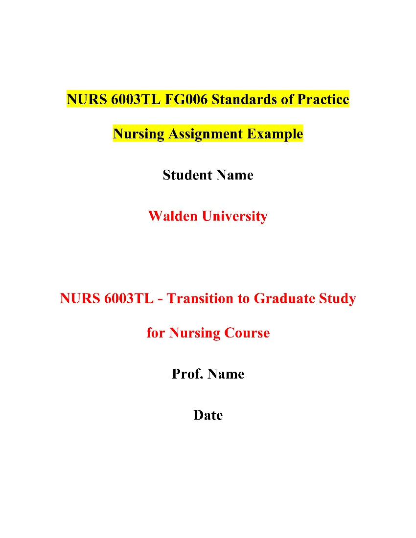 NURS 6003TL FG006 Standards of Practice Nursing Assignment