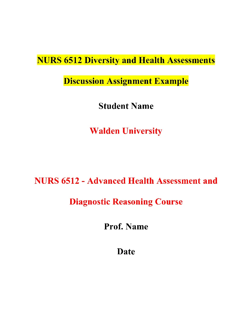 NURS 6512 Diversity and Health Assessments Discussion Assignment