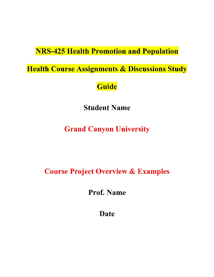 NRS-425 Health Promotion and Population Health Course Assignments & Discussions Study Guide