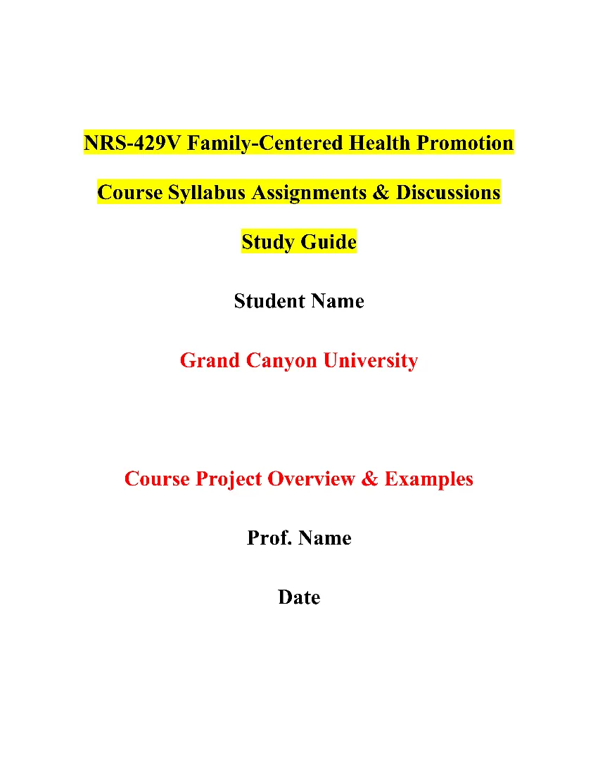 NRS-429V Family-Centered Health Promotion Course Syllabus Assignments & Discussions Study Guide