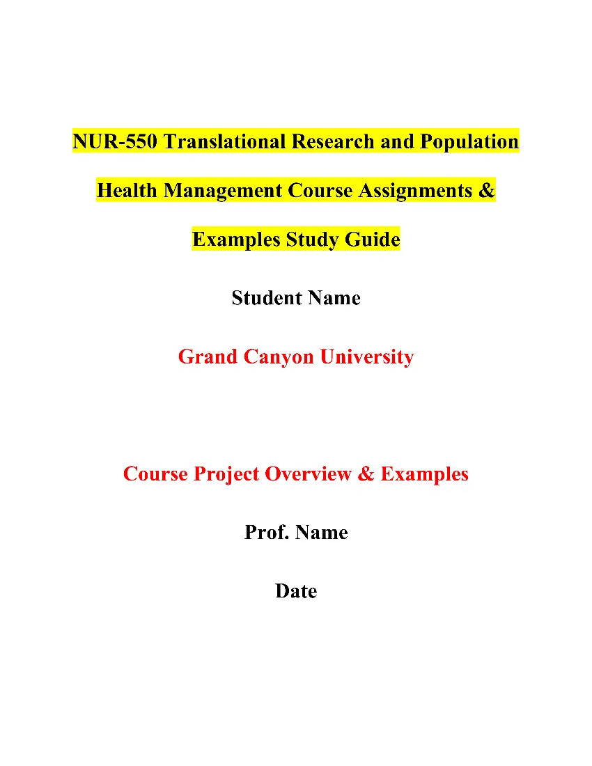 NUR-550 Translational Research and Population Health Management Course Assignments & Examples Study Guide
