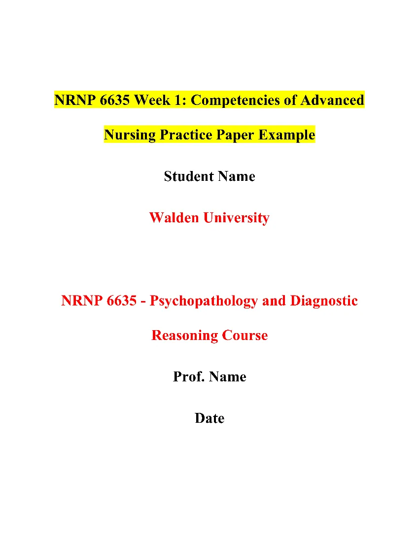 NRNP 6635 Week 1: Competencies of Advanced Nursing Practice Paper Example