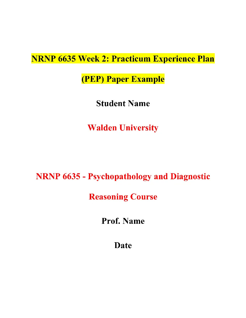 NRNP 6635 Week 2: Practicum Experience Plan (PEP) Paper Example