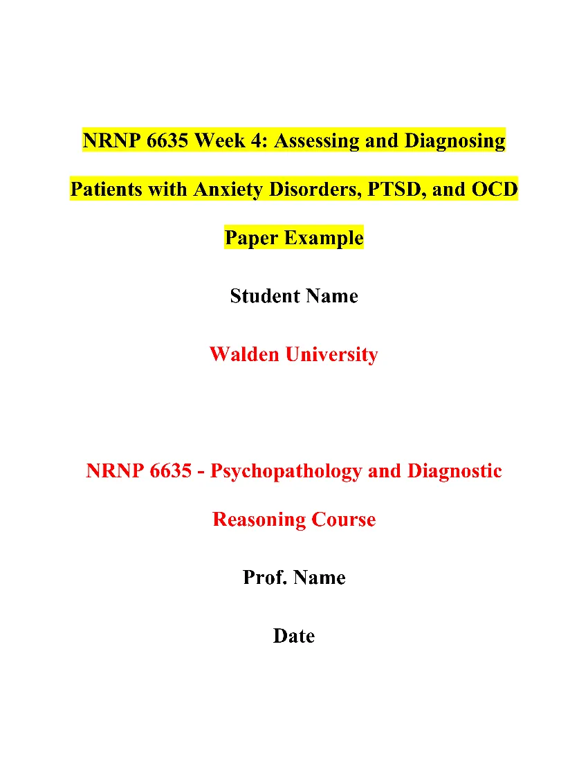 NRNP 6635 Week 4: Assessing and Diagnosing Patients With Anxiety Disorders, PTSD, and OCD Paper Example