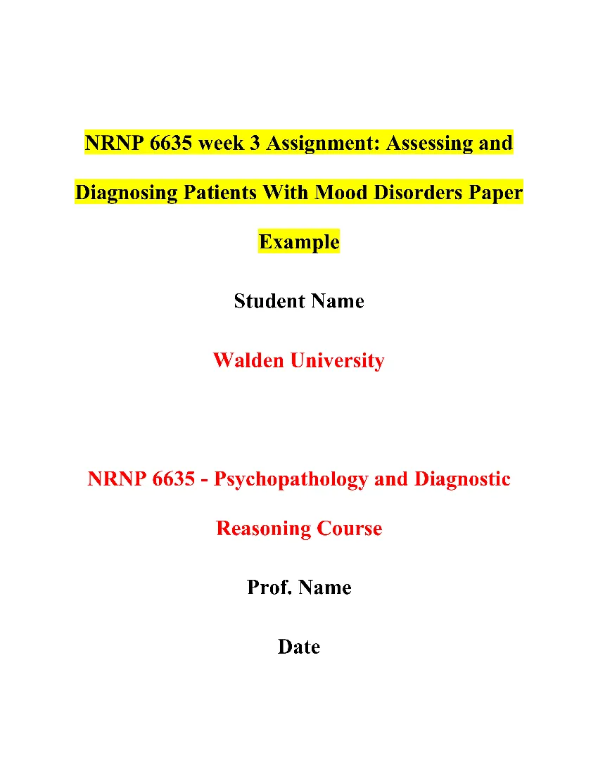 NRNP 6635 week 3 Assignment: Assessing and Diagnosing Patients With Mood Disorders Paper Example