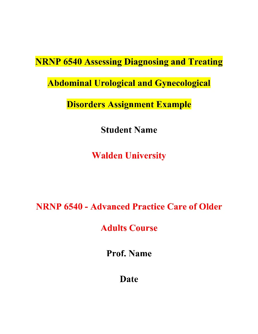 NRNP 6540 Assessing Diagnosing and Treating Abdominal Urological and Gynecological Disorders Assignment Example