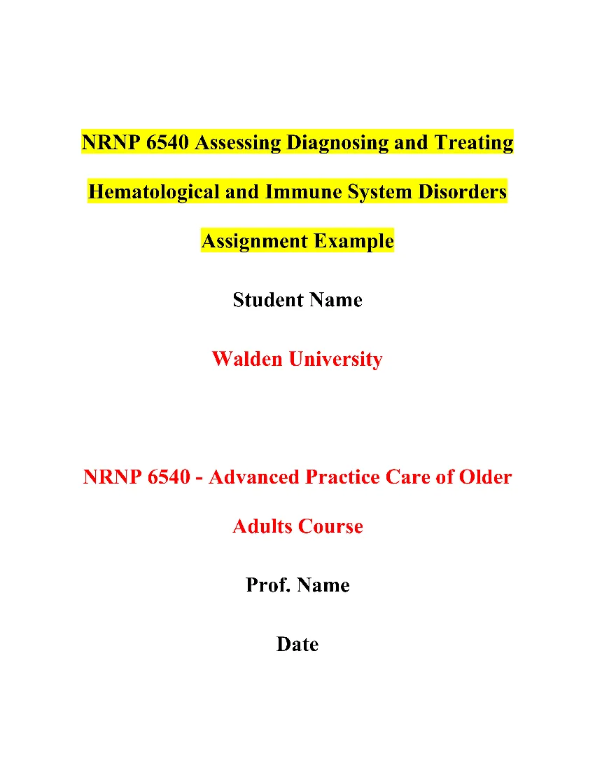 NRNP 6540 Assessing Diagnosing and Treating Hematological and Immune System Disorders Assignment Example