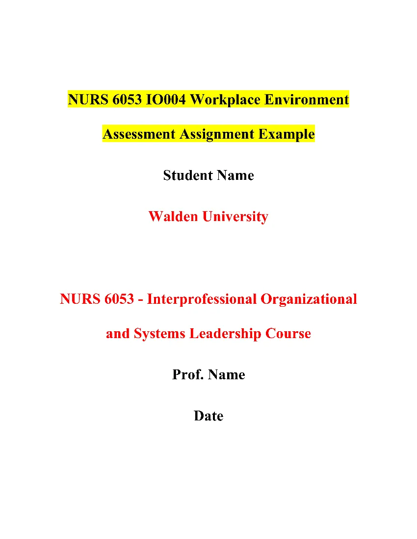 NURS 6053 IO004 Workplace Environment Assessment Assignment Example