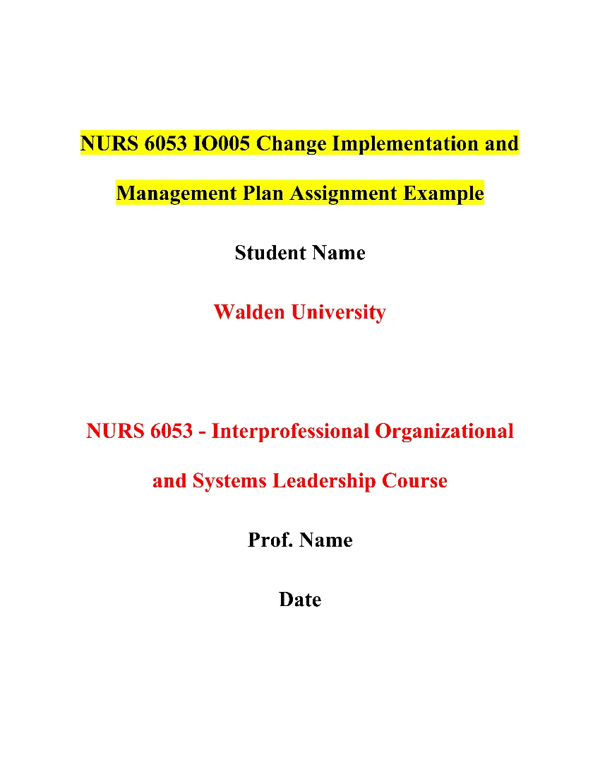 NURS 6053 IO005 Change Implementation and Management Plan Assignment Example